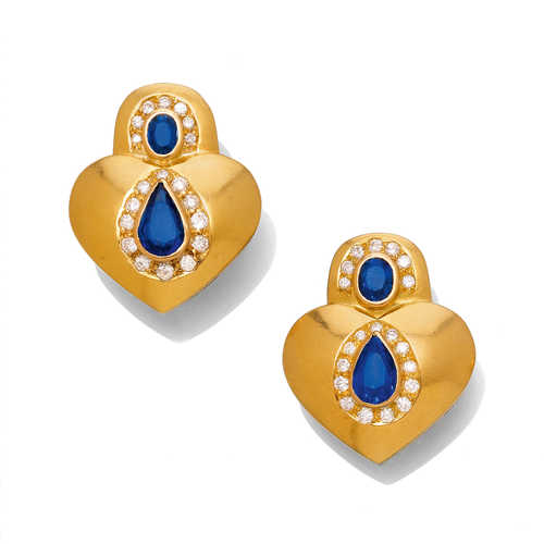 SAPPHIRE, DIAMOND AND GOLD EARRINGS WITH PENDANT.