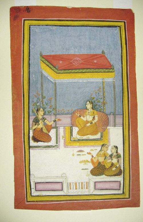 A MINIATURE PAINTING OF A PRINCESS BEING ENTERTAINED ON A TERRACE. India, Rajasthan, Bundi or Uniara, circa 1780. Gouache, gold and silver on paper. Some restoration.