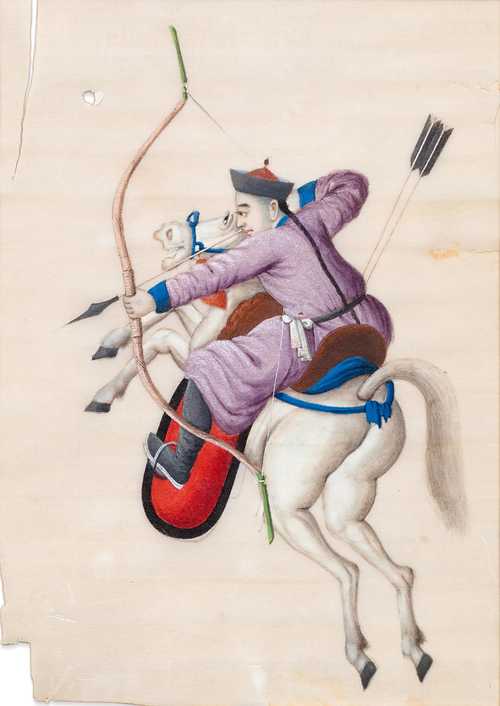 A GROUP OF GOUACHE PAINTINGS ON RICE PAPER. China, 19th c. The smallest: 16x11.5 cm, the largest: 32x20 cm. A small album with 12 illustrations of "Women's Activities", 9 small-format and 3 large-format sheets (depicting a reader, an archer and Budai). Two leaves framed under glass. Minor damage. (13)