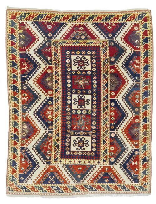 BORDJALOU antique.Narrow central field with five medallions, wide border with lozenges adorned with latch hooks, 184x210 cm.