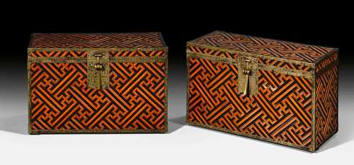 A PAIR OF LACQUERED WOOD AND BAMBOO CHESTS.
