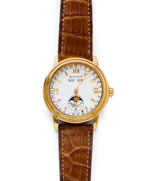 GENTLEMAN'S WRISTWATCH, AUTOMATIC, CALENDAR WITH MOON PHASE, BLANCPAIN. Yellow gold 750. Numbered series No. 569. Gold case with gadrooned lunette and screw-down back. White dial with applied, gold-coloured indices and luminous hands, outer date indication with red hand, small second and moon phase at 6h. Automatic, Cal. 6763. Brown, original leather band with gold clasp. D 38 mm. With box.