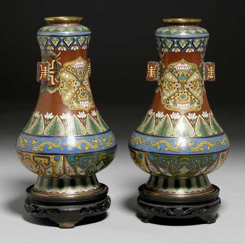 TWO CLOISONNÉ VASES DECORATED WITH MASKS.