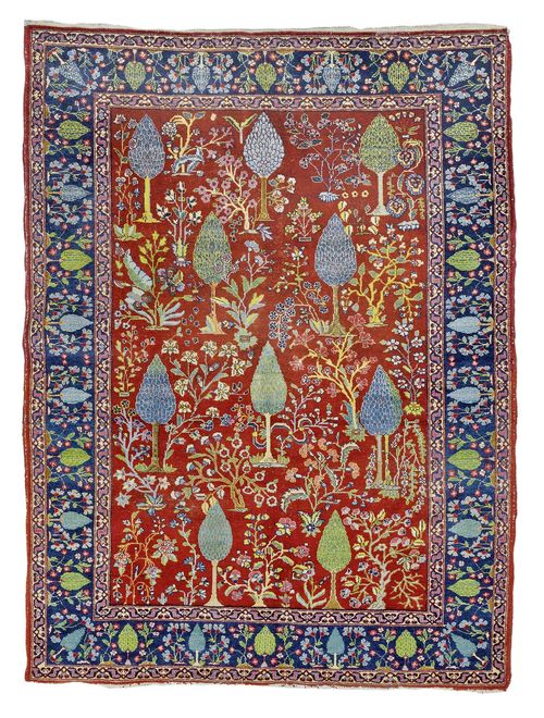 TABRIZ antique.Red ground, patterned throughout with cedars and plant motifs, blue edging, 160x215 cm.