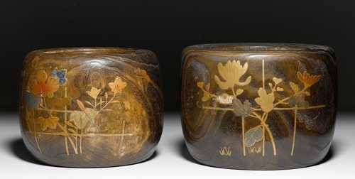 A PAIR OF LACQUERED WOOD HIBACHI WITH A DESIGN OF FLOWERS AND BUTTERFLIES.