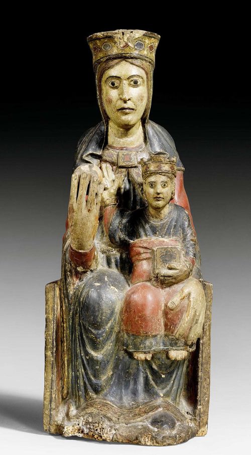 VIRGIN AND CHILD AS SEDES SAPIENTIAE,Romanesque type, Spain, 16th century. Carved and painted wood. H 51 cm. A few wormholes in the base area. Paint chipping. Painted over in parts. Maria's hand and child's head slightly loose.