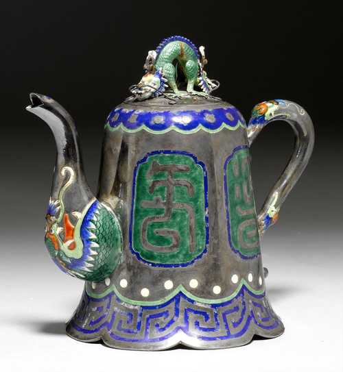 A BELL SHAPED SILVER EWER WITH ENAMEL DECORATIONS.