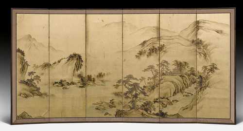 SIX-PART STANDING SCREEN (BYOBU) WITH A LANDSCAPE.