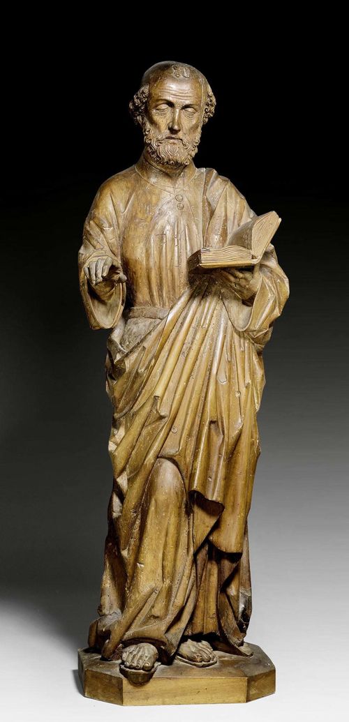 SAINT PETER,South German, Bavaria, circa 1500/1510. Carved wood, hollowed verso. H 112 cm. Supplements to the base, foot ends, book and hands.