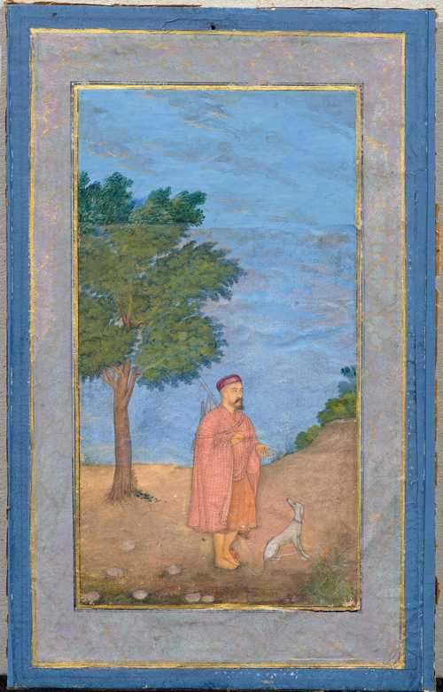 A FINE MINIATURE PAINTING OF A DERVISH WITH A DOG.