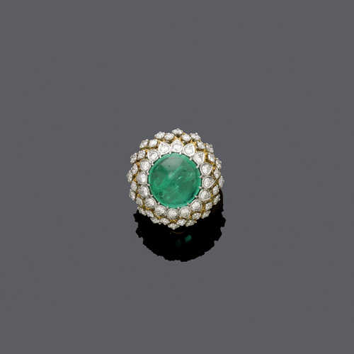 EMERALD AND DIAMOND RING, BY VOURAKIS, ca. 1970.
