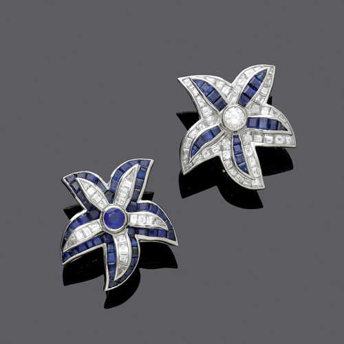 SAPPHIRE AND DIAMOND EARCLIPS, BY HARRY WINSTON.