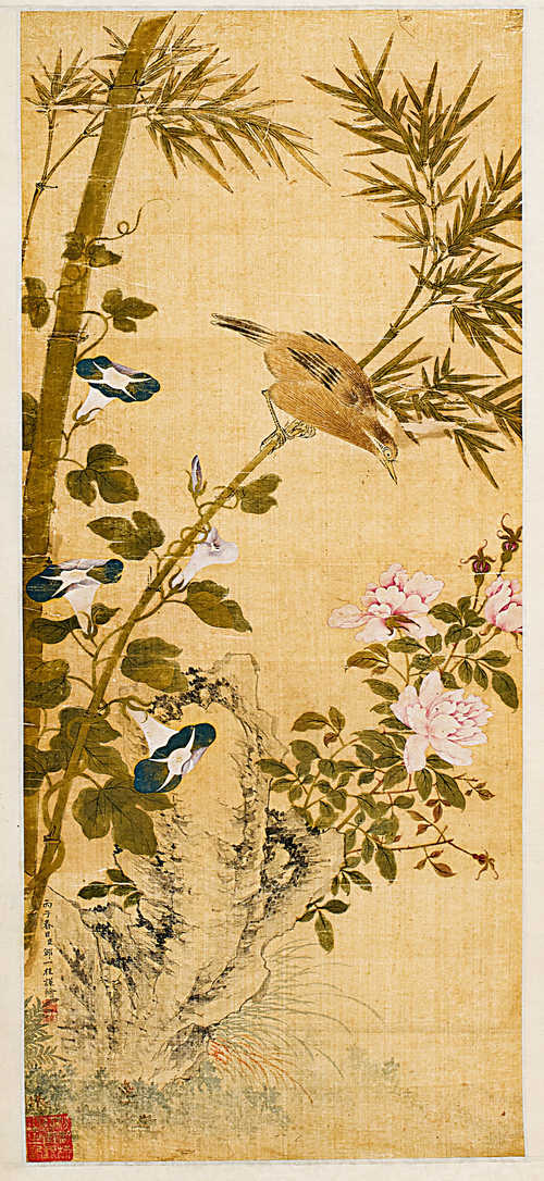 A FLOWER AND BIRD PAINTING IN THE STYLE OF ZOU YIGUI (1686-1772).