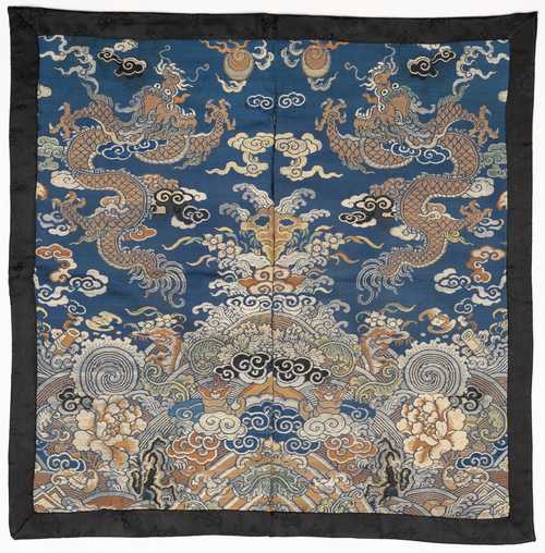 BLUE GROUND BROCADE WITH DRAGONS.