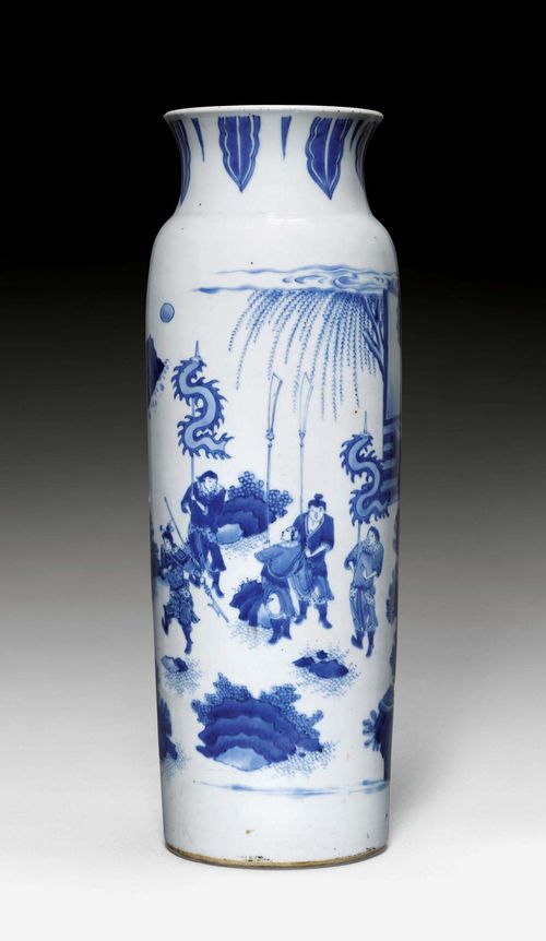 A BLUE AND WHITE CYLINDRICAL VASE WITH FIGURAL SCENES. China, 17th c. Height 48 cm.