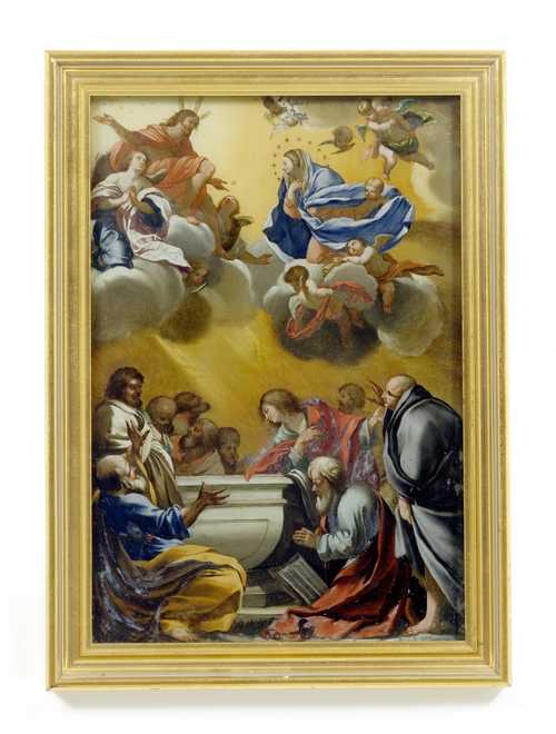 REVERSE GLASS PAINTING DEPICTING THE ASCENSION OF MARY,