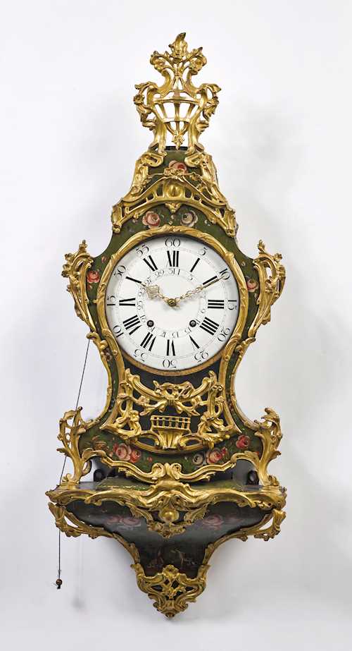 PAINTED PENDULUM CLOCK ON PLINTH, WITH DATE