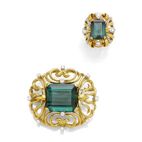 TOURMALINE AND DIAMOND BROOCH AND RING, ca. 1960.