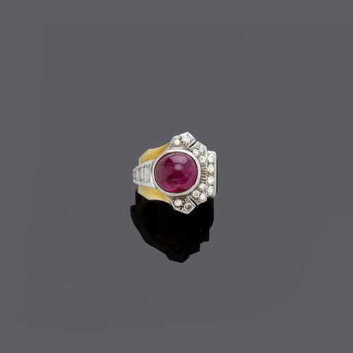 RUBY AND DIAMOND RING, ca. 1935.