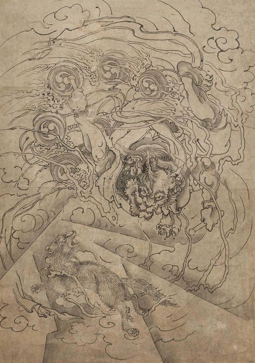 AN ANONYMOUS INK DRAWING OF THE THUNDERGOD RAIJIN. Japan, 19th c. 50x35.5 cm. Ink on paper. Framed under glass.