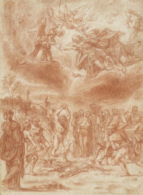 FRENCH, 17th c. The Stoning of St Stephen. Red chalk. 41 x 29.2 cm. Framed.