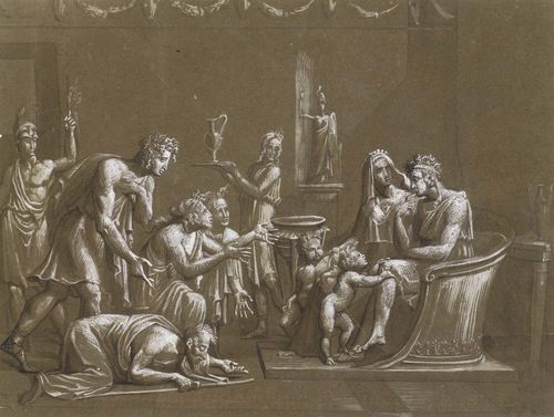 ITALIAN, end 18th c. A mythological scene with supplicant in front of a king. Brown pen and brush, heightened in white, black chalk, on brown laid paper 22.5 x 30 cm. Framed.