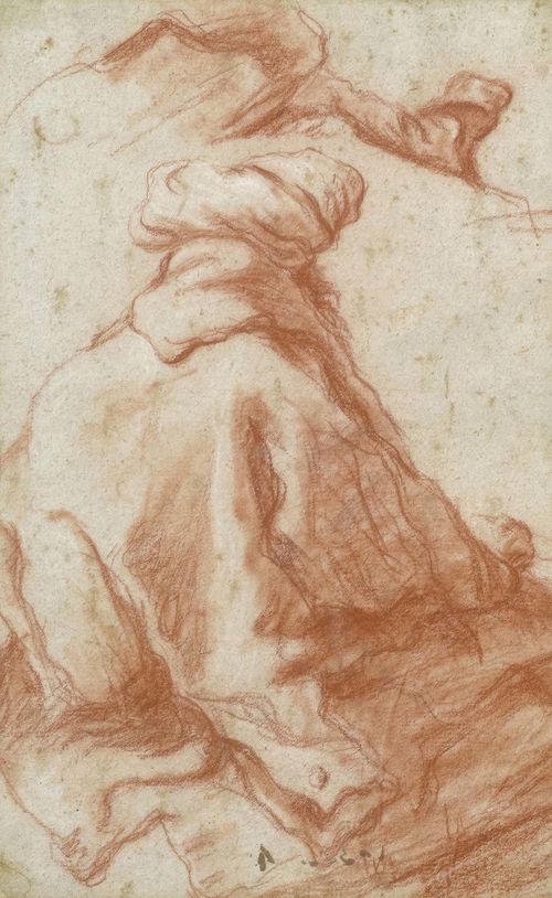 TIEPOLO, GIOVANNI BATTISTA (Venice 1696 - 1770 Madrid) A seated Oriental man with a turban, seen from the rear. Red and white chalk. On blue laid paper with watermark: three half moons. Old number on verso in brown pen: No.3203 40.x.rs. 30.5 x 19 cm (irregular). Framed. Provenance: - Antonio Bossi Collection - Versteigerung Beyerlen, Stuttgart Gutekunst, 27 March 1882 - Hans Wendland Collection, Lugano, 1927 - Paul Cassirer, Berlin - Private collection, Basel Exhibited: - Venice, 1929. room 6. Nos. 1-19 - Bohler, Munich 1931. No. 72 Literature: - Detlev von Hadeln, Handzeichnungen G.B. Tiepolo, Munich 1927 (131), Objekt 1932. mo. 274 - George Knox, Giambattista and Domenico Tiepolo, A study and Catalogue Raisonné of the Chalk Drawings, Oxford 1980. M.602 (here also as Domenico Tiepolo)