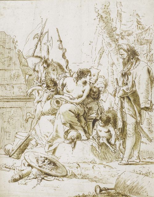 Circle of TIEPOLO, GIOVANNI BATISTA (Venice 1696 - 1770 Madrid), Ninfa seminuda con due fanciulli circondata da quattro uomini. Drawing after Tiepolo's etching from the series Scherzi No. 6. Brown pen, brown wash, black chalk. On white laid paper with watermark: a circle and a bar. 20.3 x 17.5 cm. Framed.