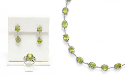 PERIDOT AND DIAMOND NECKLACE WITH EAR PENDANTS AND RING.