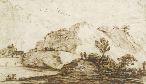 GUERCINO, IL FALSARIO DI (Italian draftsman, active circa 1750) Landscape with mountains, lake and fishermen, with houses and bridge in background. Brown pen. 28 x 42.5 cm. Framed.