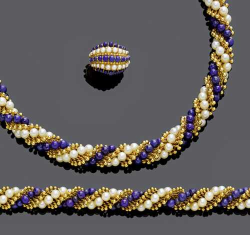 LAPIS LAZULI, PEARL AND GOLD NECKLACE WITH BRACELET AND RING, BY VAN CLEEF & ARPELS, ca. 1962.
