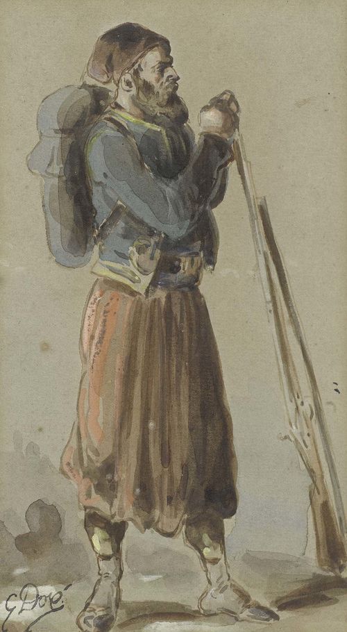 DORE, GUSTAVE (Strasbourg 1832 - 1883 Paris) Brigand with a pistol. Brown pen, watercolour. Signed in black pen lower left: G. Doré. 20.4 x 12.5 cm. Framed.