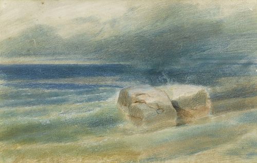 BÖCKLIN, ARNOLD (Basel 1827 - 1901 Fiesole) Seaside landscape with two cliffs. Pastel. 23.2 x 35.3 cm. Framed.
