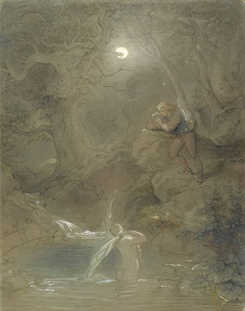 SCHEUREN, CASPAR JOHANN NEPOMUK (Aachen 1810 - 1887 Düsseldorf) Nymph bathing by moonlight, observed by a young man. Black pen, coloured chalks, heightened in white, on brown paper. Signed lower right: C. Scheuren 26.2 x 21 cm (corners rounded). Framed.