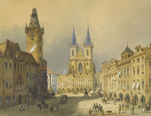 MONOGRAMMIST, X.S. (active in 19th c.) The old city ring of Prague with the guildhall and the Tyn church, circa 1830/40. Watercolour and gouache, heightened in white. Monogrammed lower right: X.S. 45 x 59 cm (sight). Framed.