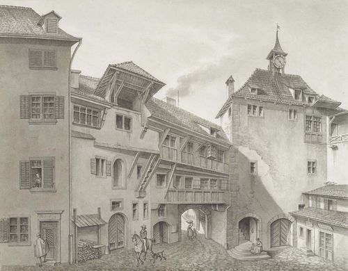 WERDMÜLLER, JOHANN KONRAD (Zurich 1819 - 1892 Freiburg i. Br.).Das Rennwegtor in Zürich, circa 1860/70. Grey pen and brush. 32.8 x 43.2 cm. Gilt frame.