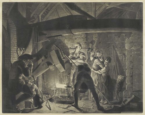 EARLOM, RICHARD (1742/43 London 1822).An iron forge, 1773. Mezzotint after Joseph Wright of Derby. 47.5 x 59.7 cm. Le Blanc 43 II. Wessely 121 II. Gilt frame.