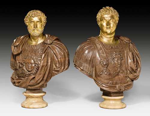 PAIR OF PORPHYRY BUSTS OF CAESAR (?) AND EMPEROR ANTONIUS PIUS,Baroque, Rome, 18th century. Porphyry, "Giallo di Siena" marble, and matte and polished gilt bronze. With bronze heads. H approx. 100 cm. Provenance: from a highly important European private collection.
