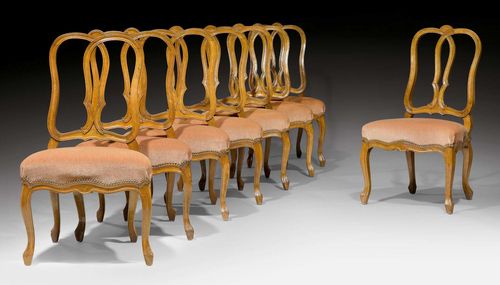 SET OF 8 PRETZEL CHAIRS,Louis XV, Bern, 18th century. Shaped walnut. Rose-colored velour cover with decorative nailwork. 54x46x46x100 cm.
