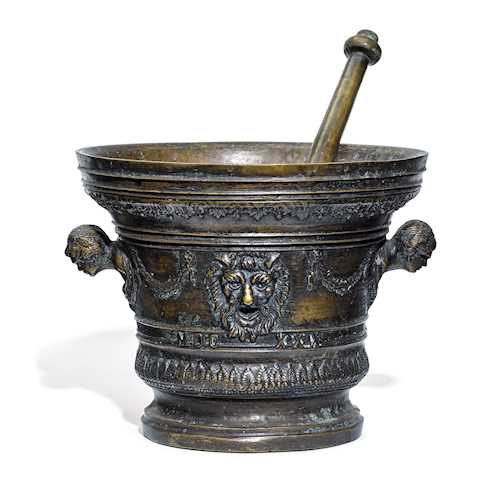 LARGE BRONZE MORTAR WITH PESTLE