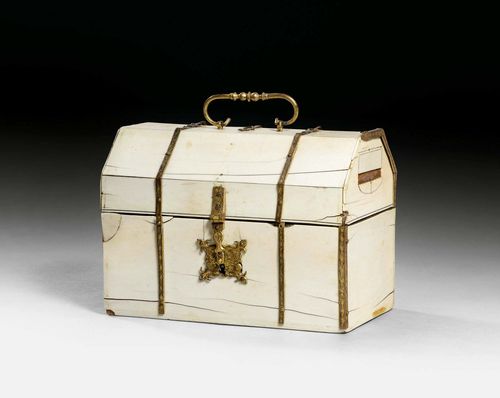 SMALL IVORY CASKET,Renaissance, Italy or Spain circa 1600/40 Ivory and brass. Engraved brass lock, ornamental mounts and handle. The interior inlaid with light reserves. Secret drawer in the lid. Some losses, restoration required. 17.5x10x12.5 cm.