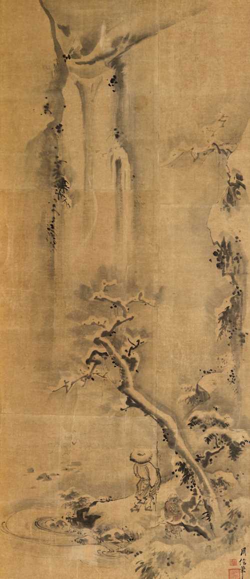 TWO FIGURES IN A WATERFALL SNOWSCAPE IN THE STYLE OF KANO CHIKANOBU (1660-1728).