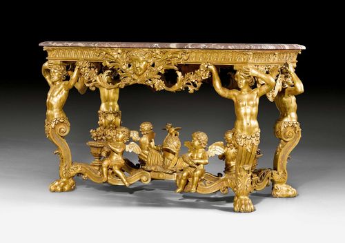 IMPORTANT CENTER TABLE, Baroque, Rome circa 1710/20. Pierced and exceptionally richly carved giltwood. Violet/beige speckled marble top. 132x67x90 cm.