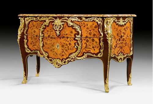 IMPORTANT COMMODE "A FLEURS",Louis XV, stamped DELORME (Adrien Delorme, maitre 1748), guild stamp, Paris circa 1760. Tulipwood and rosewood in veneer with exceptionally fine “bois de bout” inlays; flowers, leaves and decorative frieze. The front with 2 drawers sans traverse. Exceptionally fine, matte and polished gilt bronze mounts and sabots. Shaped "Breche d'Alep" top. Restorations. 145x67x87 cm. Provenance: - Formerly J. Lupu, Paris. - From a European collection.