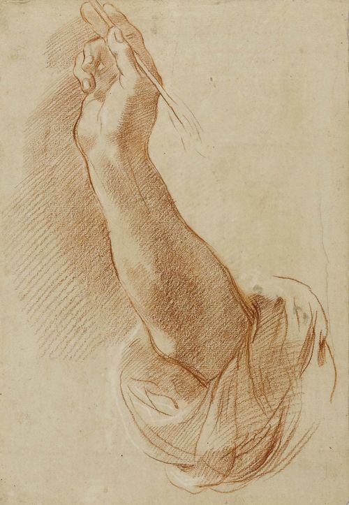 ITALIAN SCHOOL, 17TH CENTURY Study of a forearm and hand holding a quill pen. Red chalk heightened in white. 32 x 22 cm.
