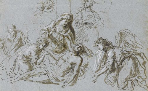 VENETIAN SCHOOL, 17TH CENTURY The lamentation of Christ. Verso study of a male saint and putti. Pen and brush in brown, heightened in white. On blue handmade paper. 20.2 x 32.2 cm.