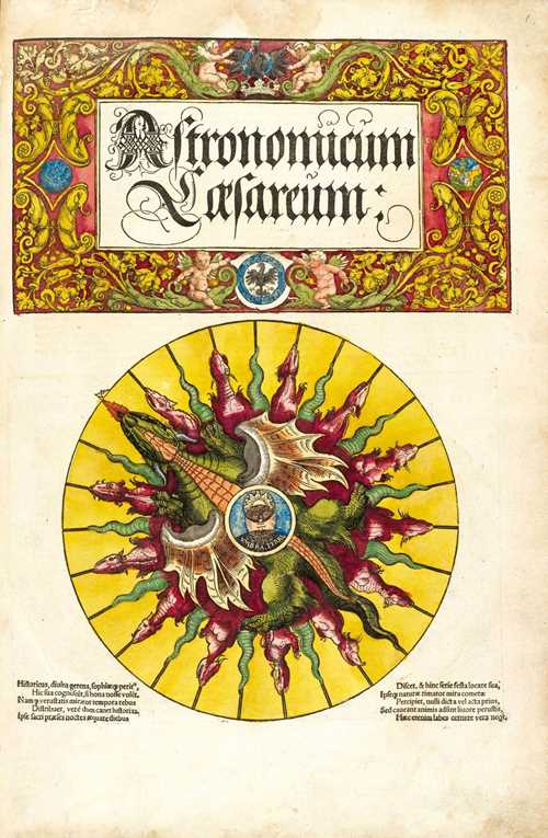 Apian, Peter. Astronomicum Caesareum. Title with coloured woodcut border and big coloroured woodcut. Dedication with engraved coat-of-arms of emperor Carl V. and fullpage-size color woodcut at the end.  36 fullpage-size colored astronomical woodcuts, thereof 21 with in total 61 (of  upon 83) moving elements (so called &quot;volvelles&quot;) and 27 coloured cords. A lot, partly colored woodcuts in text and 93 figural woodcut-initials (thereof 53 on 11,5 lines). Ingolstadt. [colophon in mirror writing]:  In aedibus nostris [Georg and Peter Apian], 1540. Folio. [59] leaves. 2 mounted textbands on fol. G4 recto, mounted correcting-band over two lines on fol. K1 recto. Red maroquin of the 19th century (signed Belz-Ni&#233;dr&#233;e), with gilt spine and covers, and gilt edges. - First Edition, edition B corresponding Schottenloher: The last page with an older coat-of-arms woodcut: an eagle with one head and signature &quot;Insignia Petri Apiani&quot;. Our copy without the 12 pearls, which were mounted on the cords. - Inside: Lightly waiterstained on the upper border, in the beginning a little stronger, the first three leaves with smal restorations of the bursting border (outside the text). The last third also a little waterstained on the borders, apart from that just a little browned, all in all in an exceptional condition. - Provenance: Old bookseller mark of the Erasmushaus Basel. - Swiss private property. - One of the most important books of the 16th century and &quot;the most spectacular contribution of the book-maker&#39;s art to sixteenth century science&quot; (Gingerich).