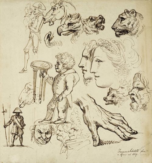 SABATELLI, FRANCESCO (Florence 1803 - 1829 Milan ) Sketch sheet with animal heads, figures in profile and further studies. Pen in brown. Signed and dated lower right in brown pen: Francesco Sabatelli fece a Roma nel 1819. 38.5 x 34.5 cm.