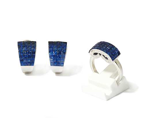 SAPPHIRE AND DIAMOND EARCLIPS WITH RING.