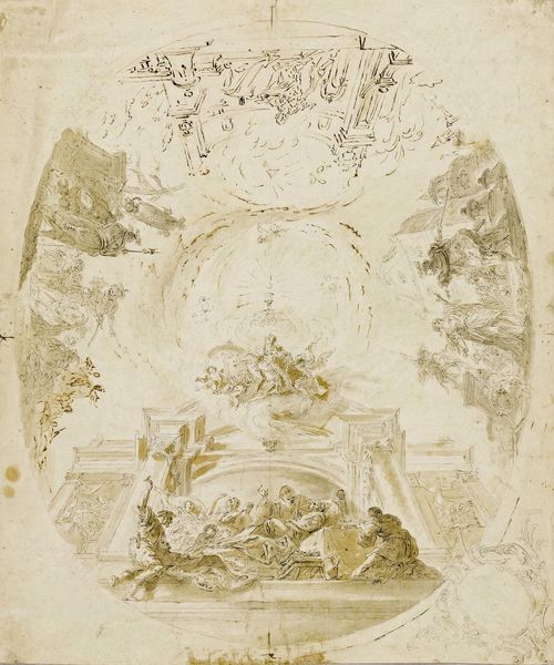 SOUTH GERMAN SCHOOL, CIRCA 1700 Design for a ceiling fresco with scenes from the life of Saint Barbara. Pen in brown and grey with wash and black crayon. On handmade paper with watermark of Lilly in crowned coat of arms and the letters: WR, below this: C & I Honig (last quarter of the 17th century) 32.3 x 39.5 cm.